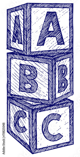 Alphabet cubes with A,B,C letters. Doodle style