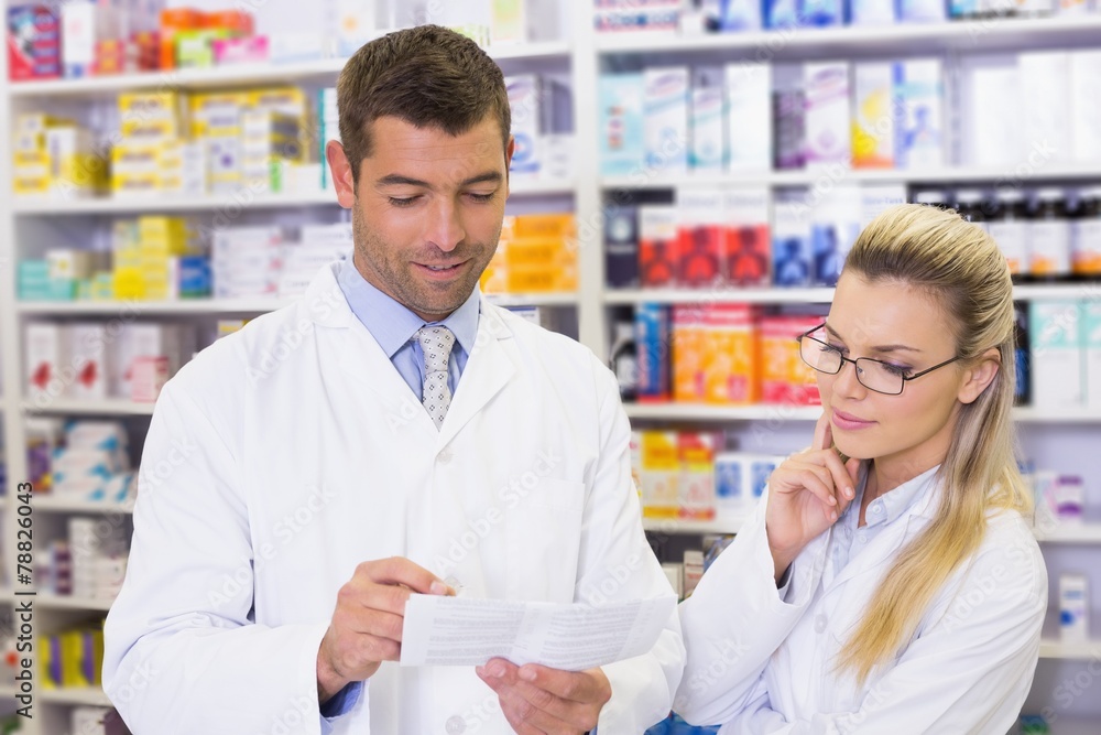 Team of pharmacists and talking Team of pharmacists and talking