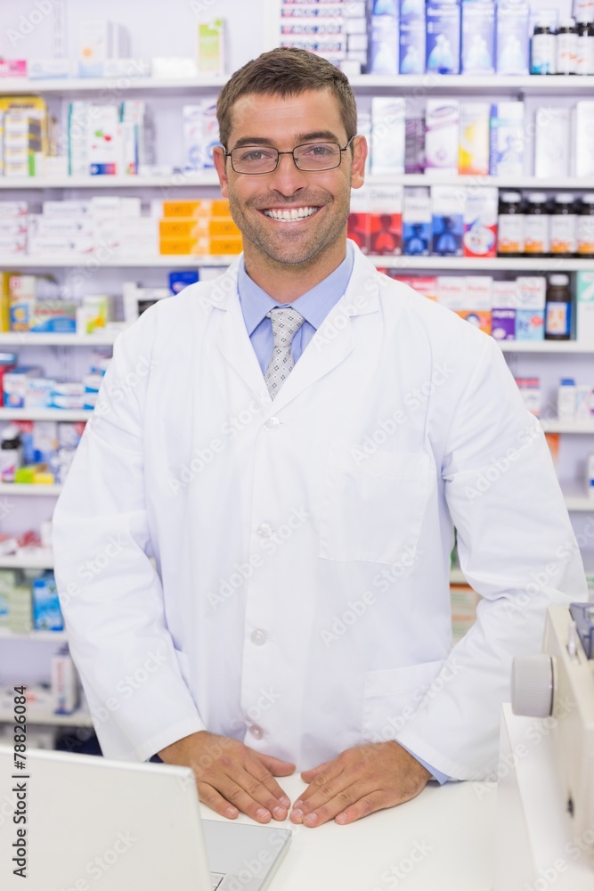 Handsome pharmacist using the computer