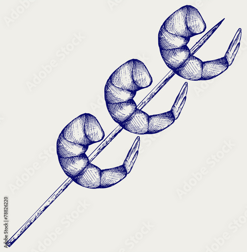 Shrimp on wood stick. Doodle style