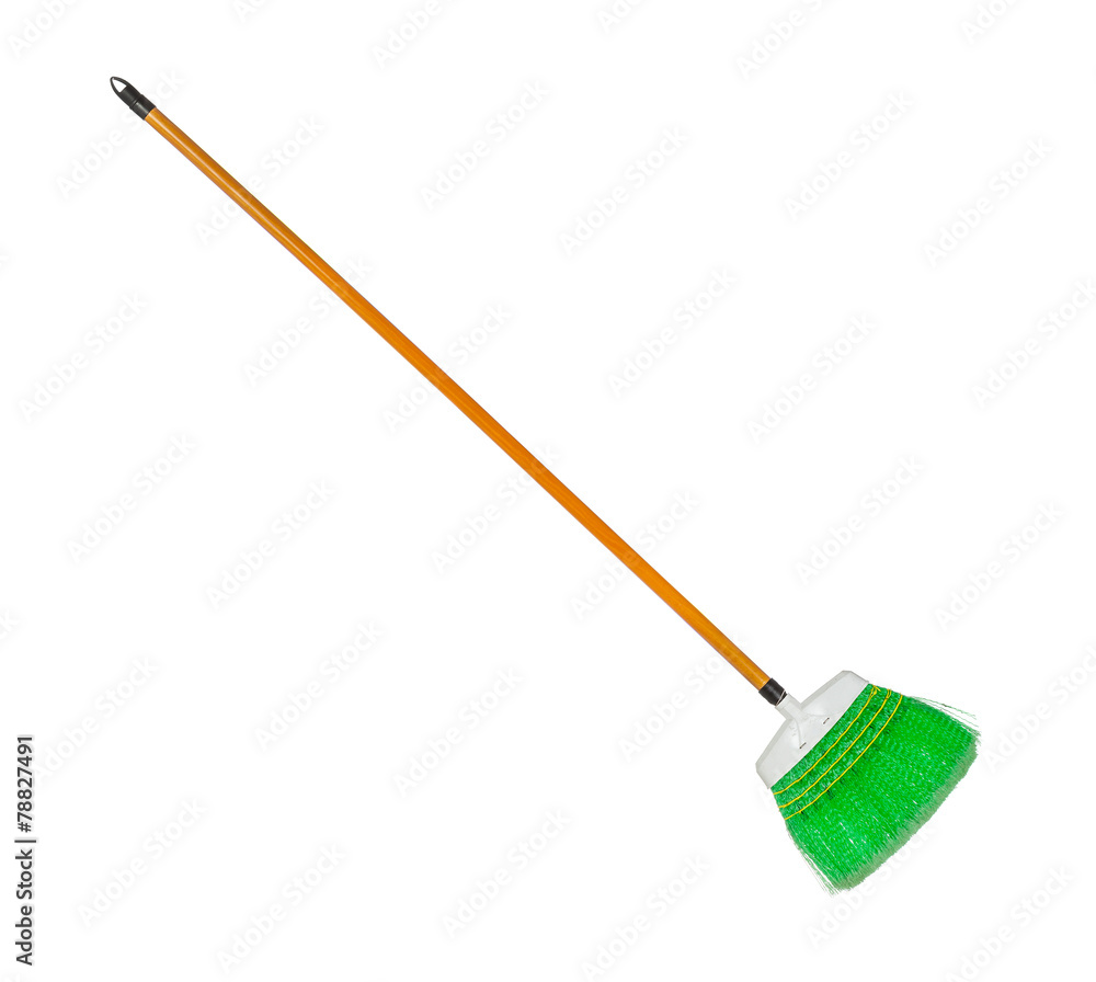 Green plastic broom with log brown handle Green plastic broom with log brown handle