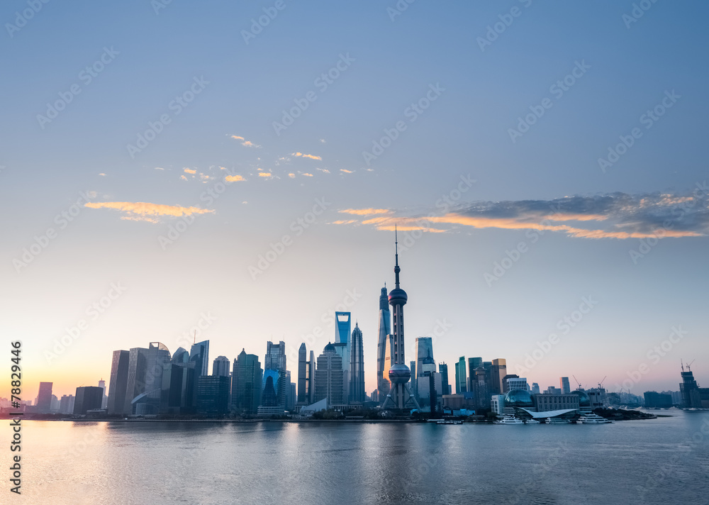 shanghai skyline with rosy clouds of dawn