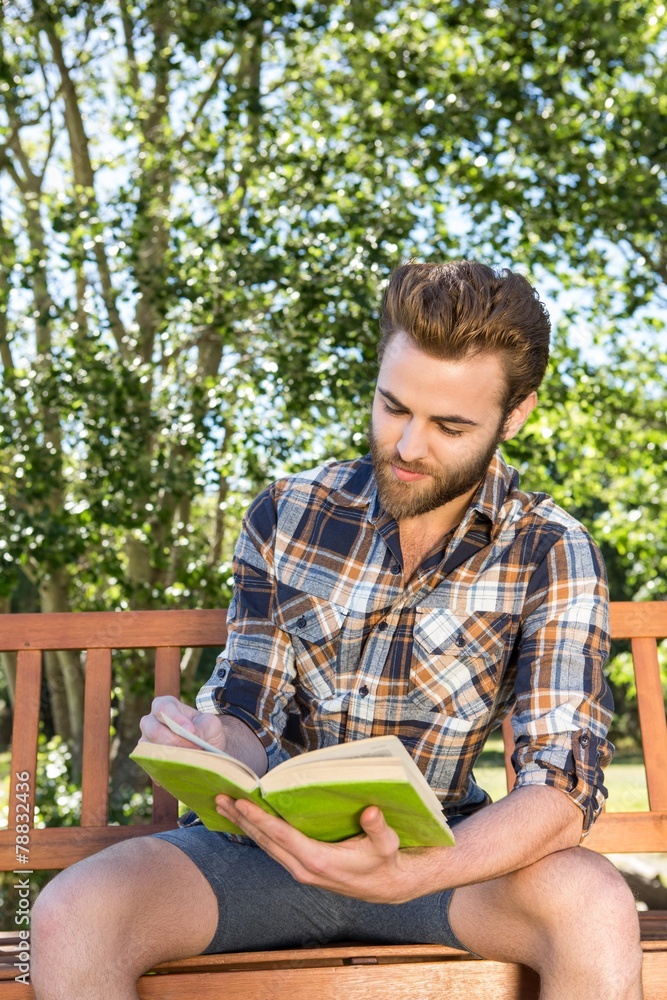 Handsome hipster reading in the park Handsome hipster reading in the park