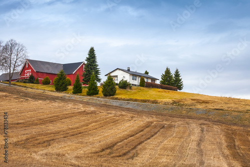 Norwegian landscape with wooden houses and empty field