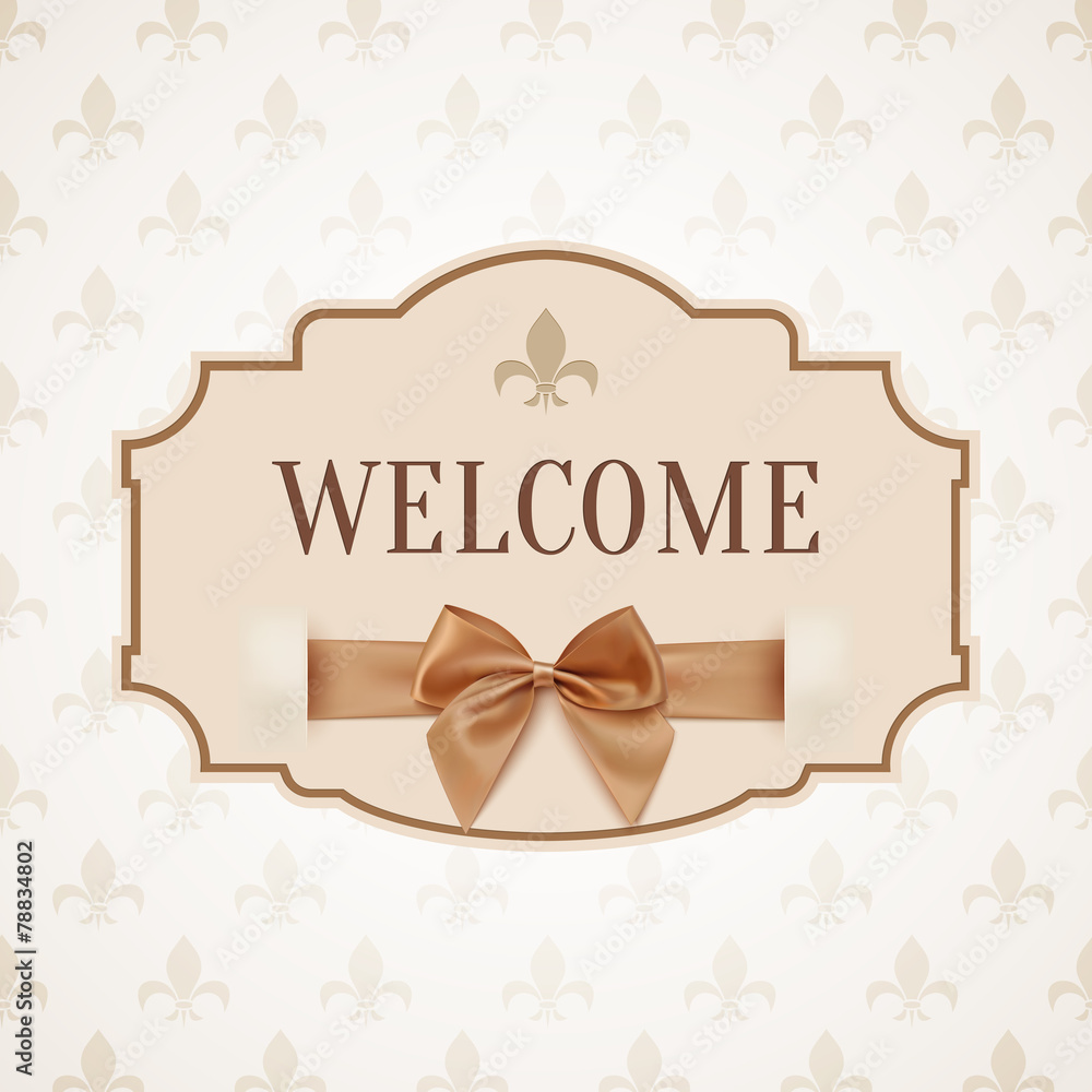 Welcome, vintage, retro banner with golden ribbon and a bow.