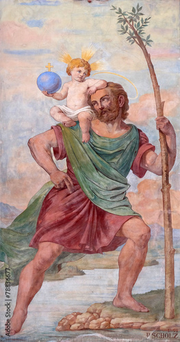 St Christopher, painting on the house facade in Graz, Austria 