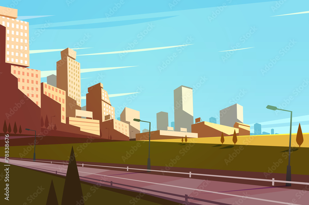 Cityscape with highway. Vector illustration.