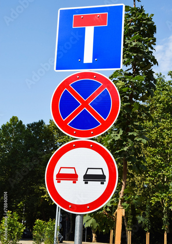 Картината върху платно Dead end, no stopping and no overtaking road signs
