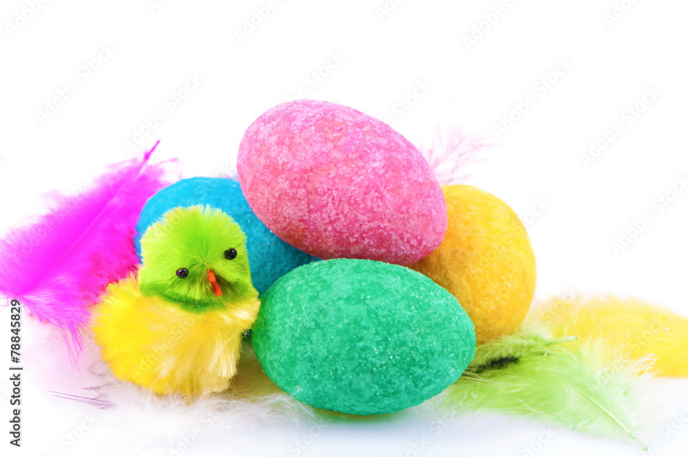 Colorful easter eggs and small chicken - Stock Image