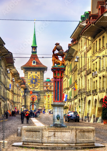 Fountain on the Kramgasse street in the Old City of Bern - Switz
