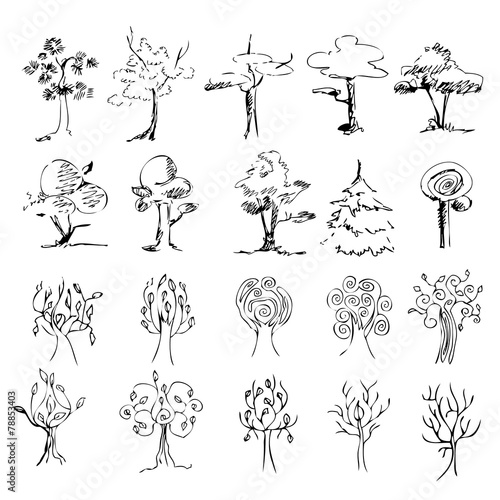 set of 20 trees on a white background , sketch