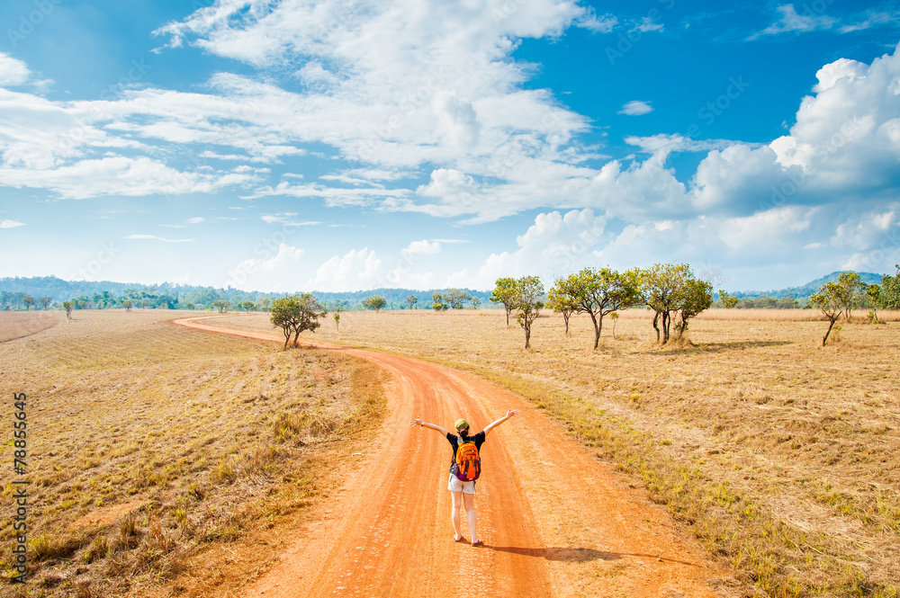 Obraz premium Road of Savannah Field with Woman