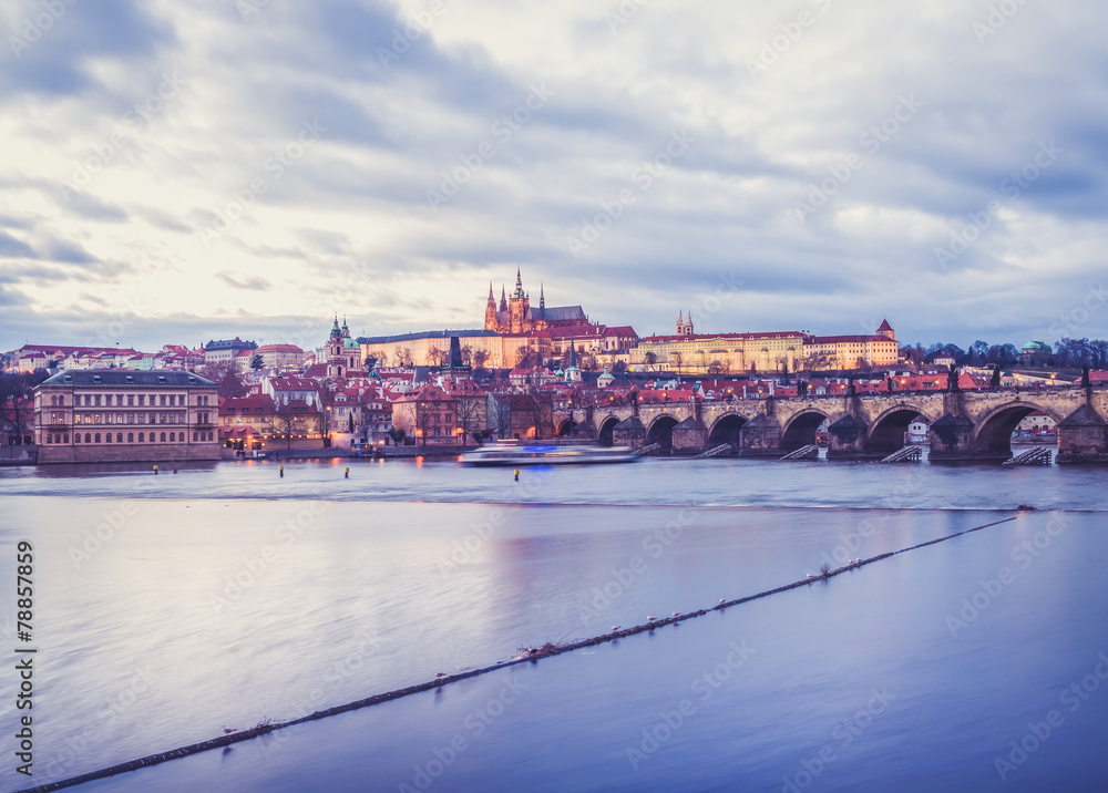 Evening view of the old Prague castle, Charles bridge