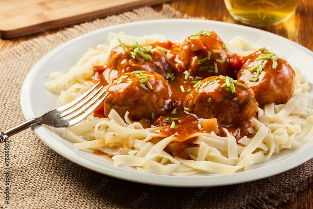 Pasta fettuccine and meatballs with tomato sauce Pasta fettuccine and meatballs with tomato sauce