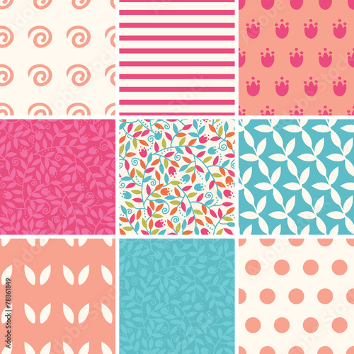 Vector colorful branches set of nine matching repeating patterns