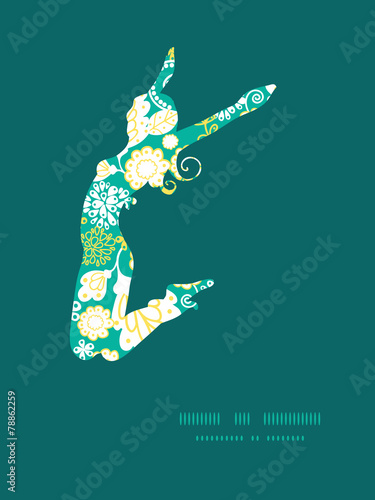 Fototapeta Naklejka Na Ścianę i Meble -  Vector emerald flowerals jumping girl silhouette pattern frame