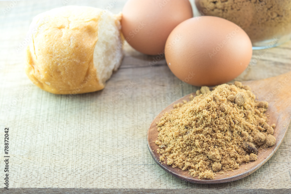 Brown Sugar eggs whit Bread on wooden , Food and health concept Brown Sugar eggs whit Bread on wooden , Food and health concept