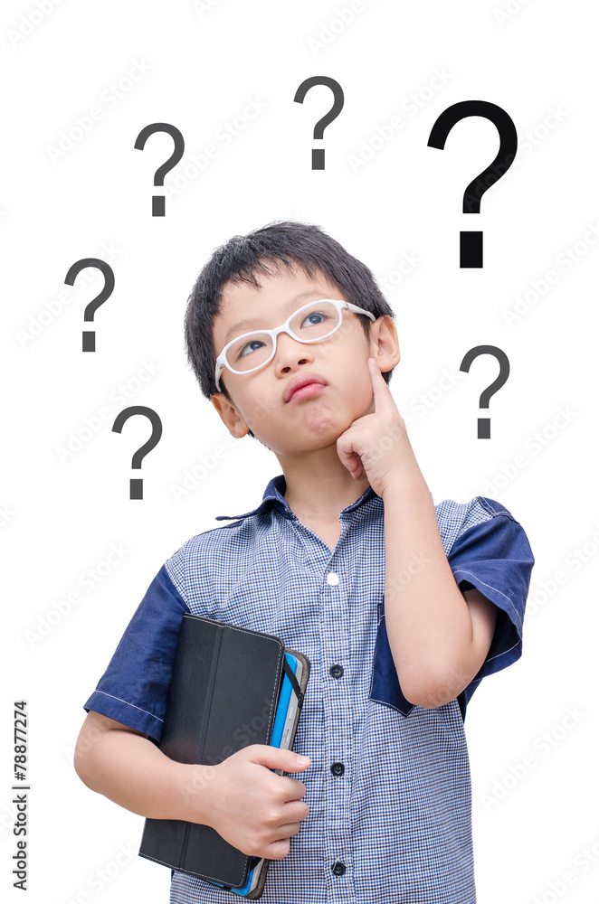 Asian boy thinking with question mark over white background Asian boy thinking with question mark over white background