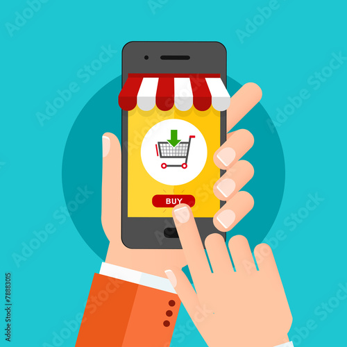 Hand holing smartphone with buy button