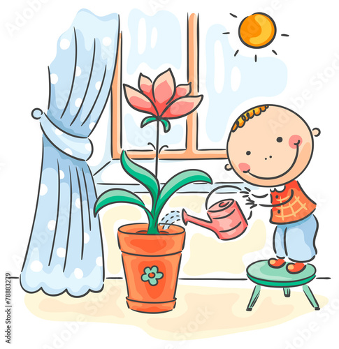 Child helping parents with the housework - watering flowers