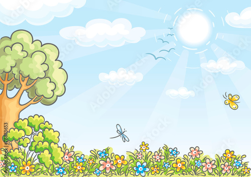 Background with a tree and flowers