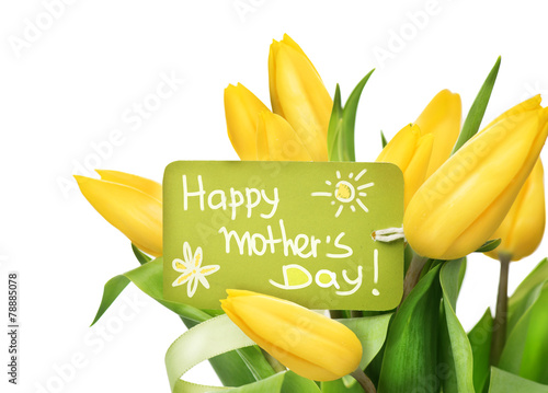 Fototapeta Naklejka Na Ścianę i Meble -  Mother's Day yellow tulips flower bunch with greeting card