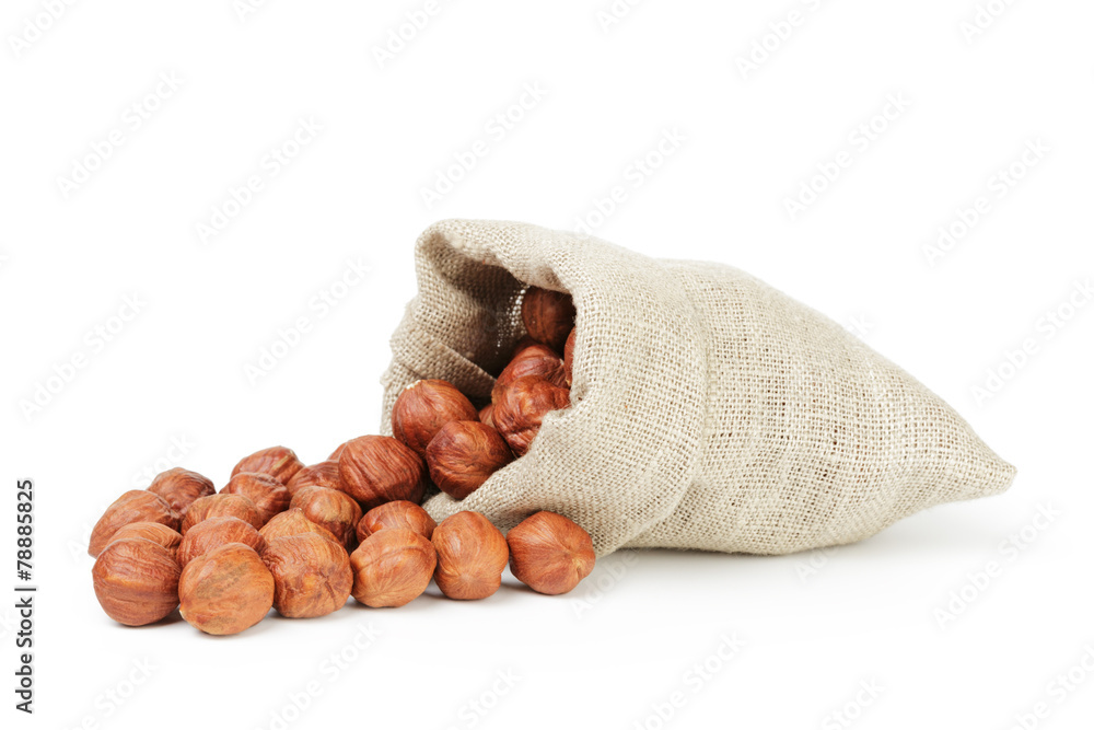 Fresh peeled hazelnuts in sack bag isolated Fresh peeled hazelnuts in sack bag isolated