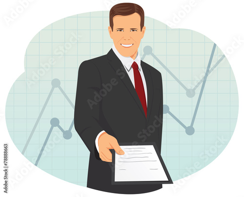 Smiling businessman is giving a contract for signing