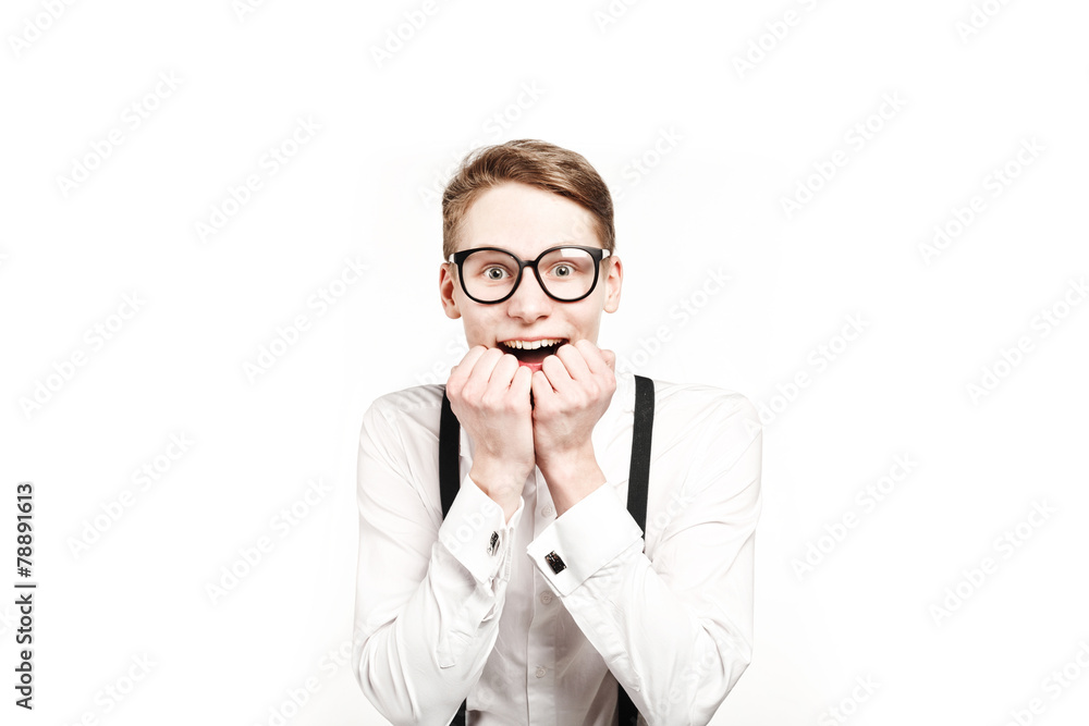 young man in glasses surprises and shock