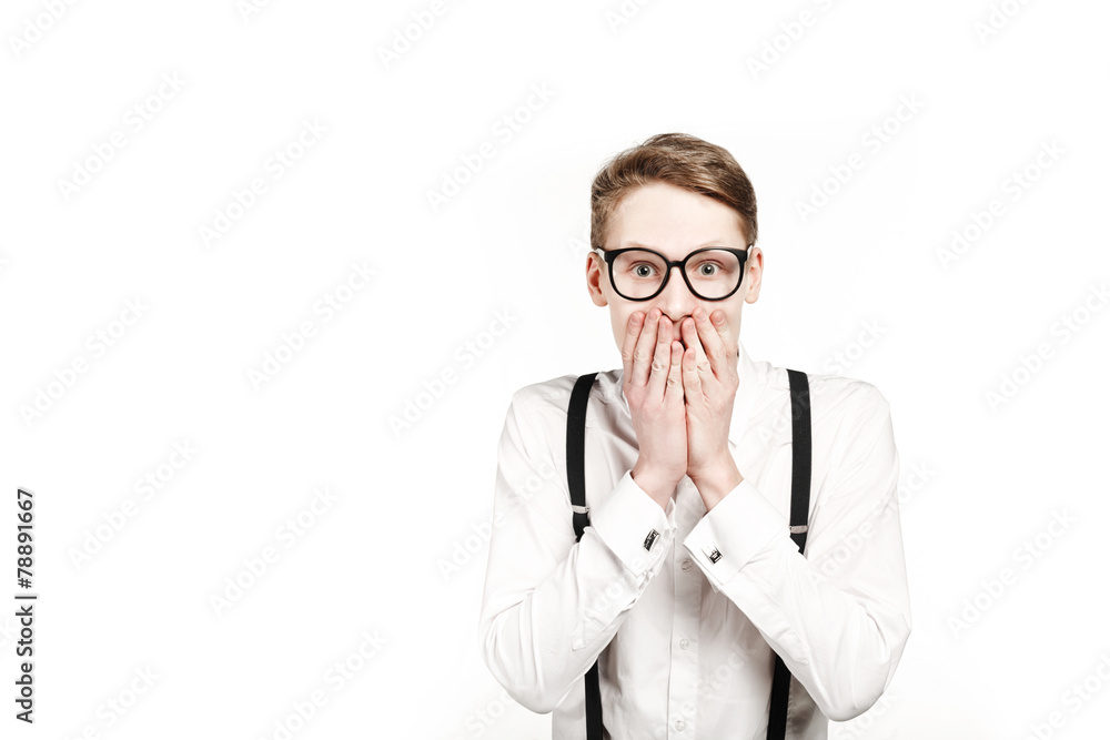 young man in glasses surprises and shock young man in glasses surprises and shock