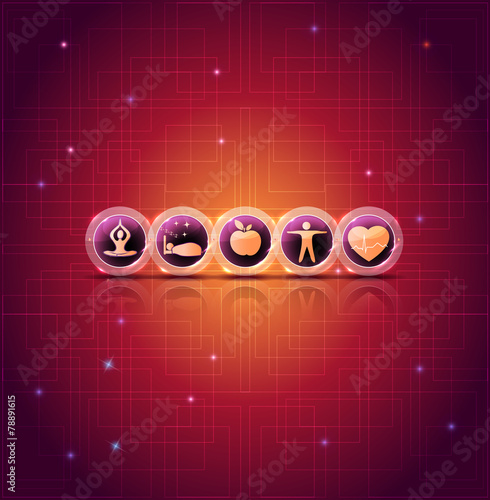 Healthy life style tips bright icons on a abstract background wi