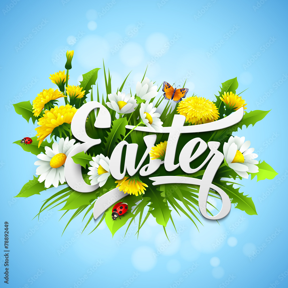 Fototapeta premium Title Easter with spring flowers. Vector illustration
