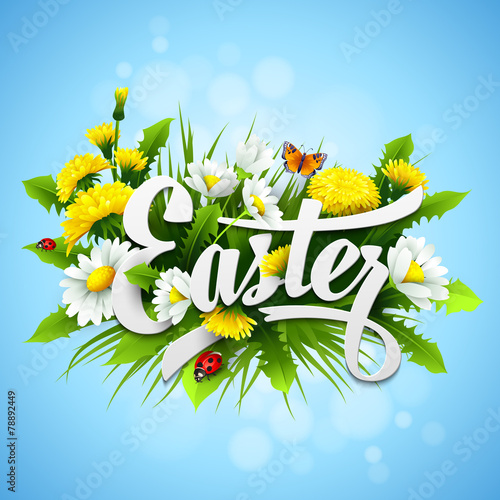 Title Easter with spring flowers. Vector illustration