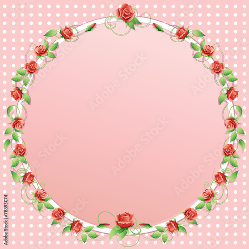 Round frame, entwined with roses in vintage style.