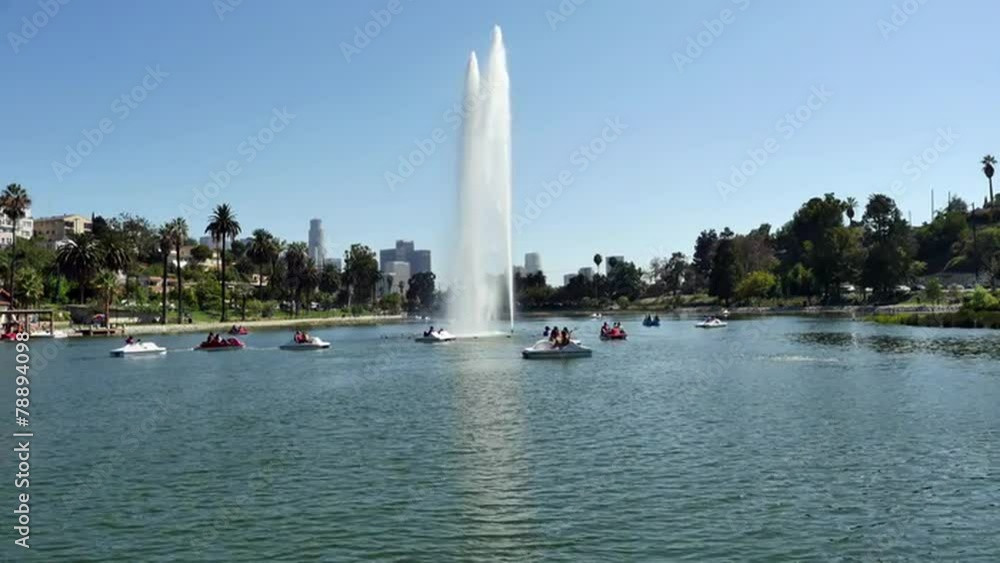 Water Fountain in Echo Park with Downtown Los Angeles in the Background