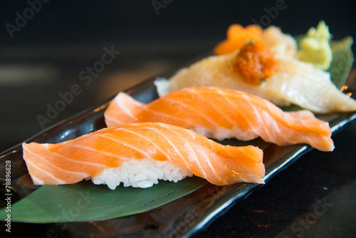 Close up salmon sushi and engawa sushi