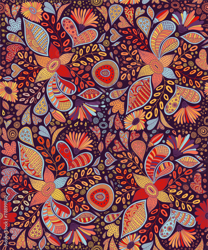 Seamless pattern with flowers and butterflies in dark background