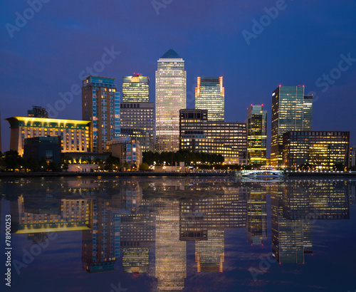 Canary Wharf night view with reflection in Thames river © IRStone
