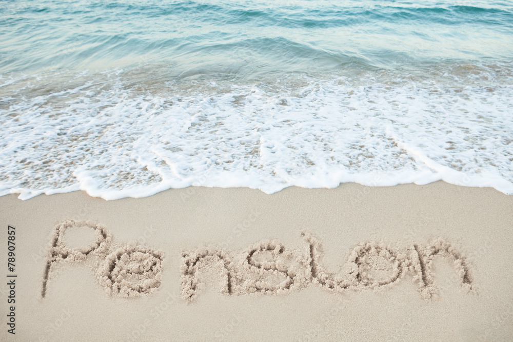 Pension Written On Sand By Sea - obrazy, fototapety, plakaty 