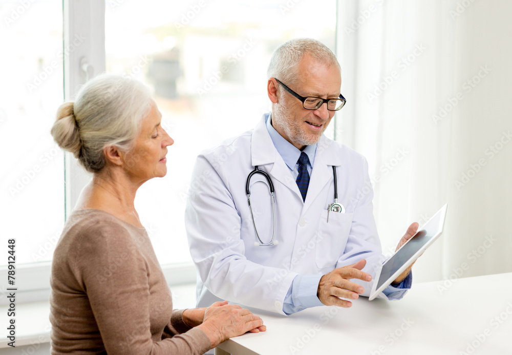 smiling senior woman and doctor with tablet pc smiling senior woman and doctor with tablet pc