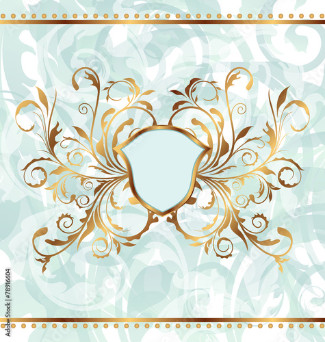 Royal background with golden ornate frame and heraldic shield