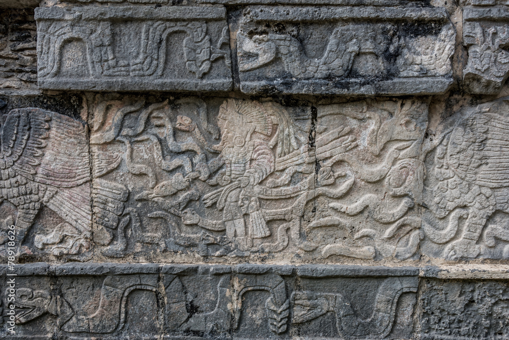 Mayan Sculpture at Chichen Itza, Traveling through Mexico.