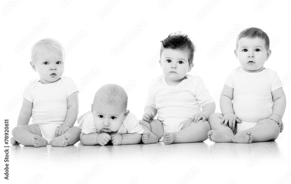 Group of cute babies, crawling, over white. playing babies Group of cute babies, crawling, over white. playing babies