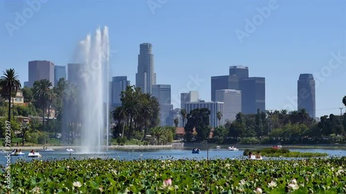 Water Fountain in Echo Park with Downtown Los Angeles California in the Background - 4096 x 2160  4K
