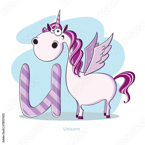 Cartoons Alphabet - Letter U with funny Unicorn