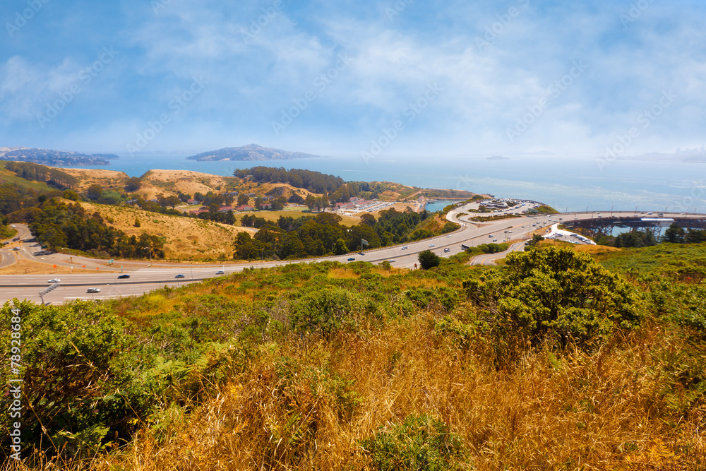 California landscape overlooking freeway and San Francisco Bay
