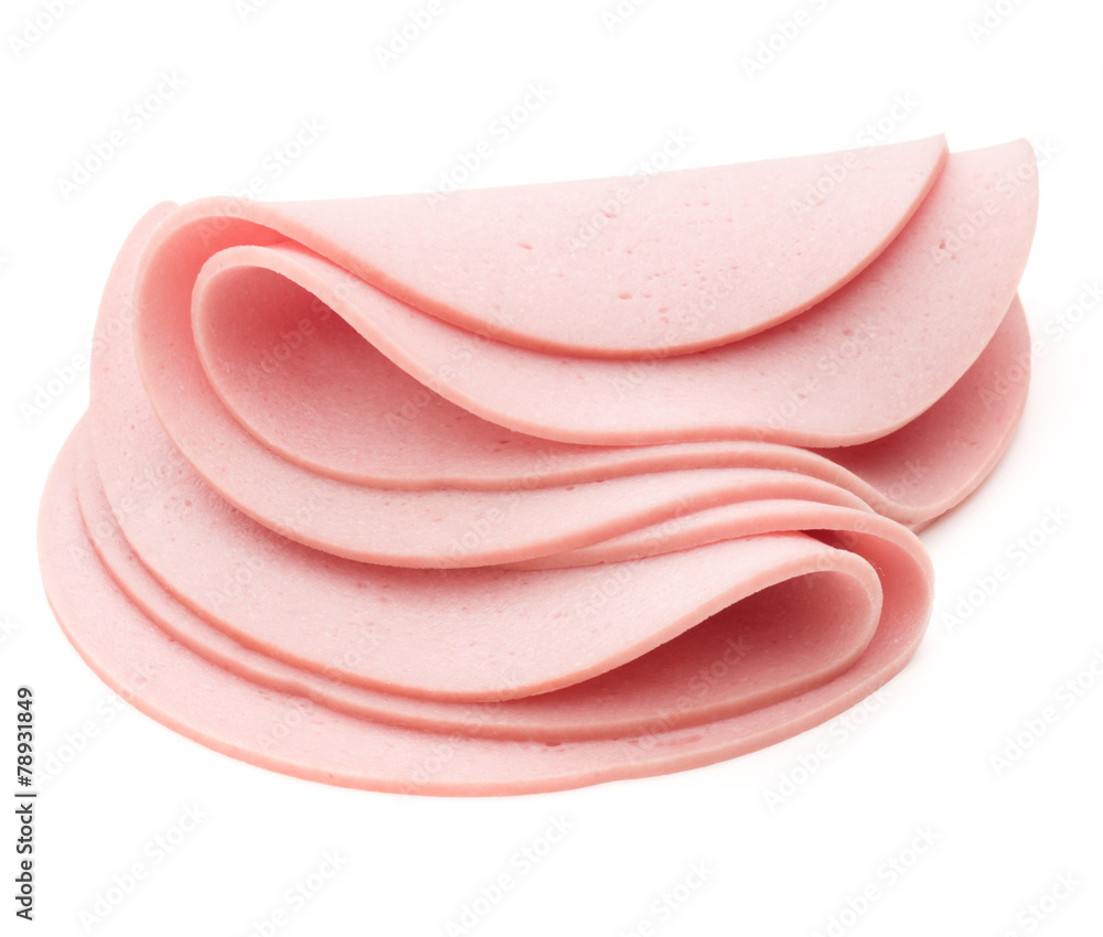 cooked boiled ham sausage or rolled bologna slices isolated on w cooked boiled ham sausage or rolled bologna slices isolated on w