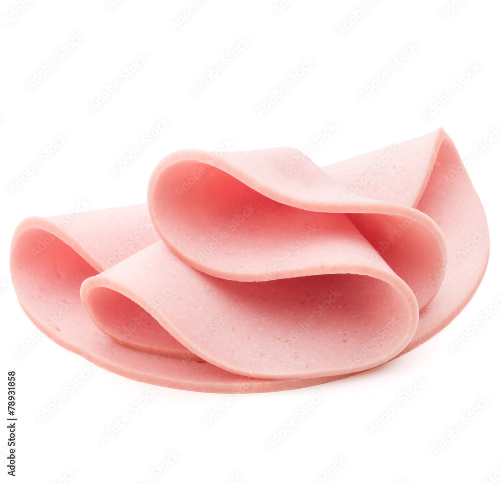 cooked boiled ham sausage or rolled bologna slices isolated on w cooked boiled ham sausage or rolled bologna slices isolated on w