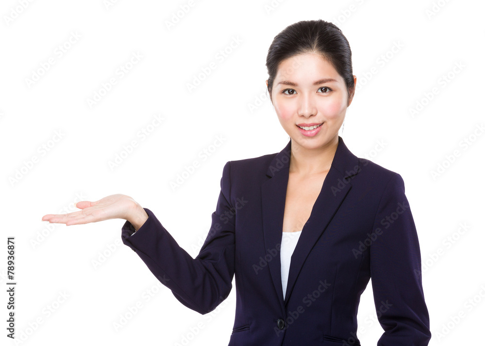 Businesswoman with hand show with blank area Businesswoman with hand show with blank area