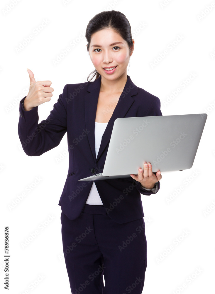 Businesswoman hold with laptop and thumb up Businesswoman hold with laptop and thumb up